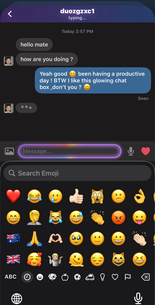 Infotograf direct messaging with typing indicator, emoji, and voice messages