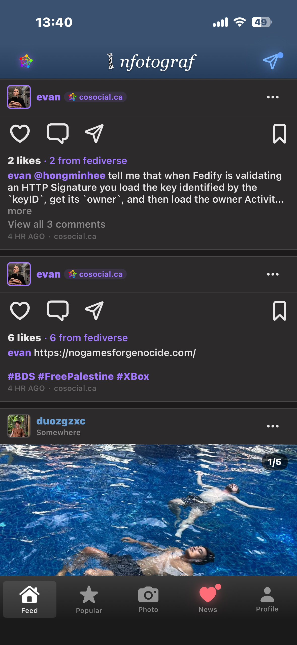 Infotograf feed showing posts from Mastodon and Pixelfed users alongside local posts