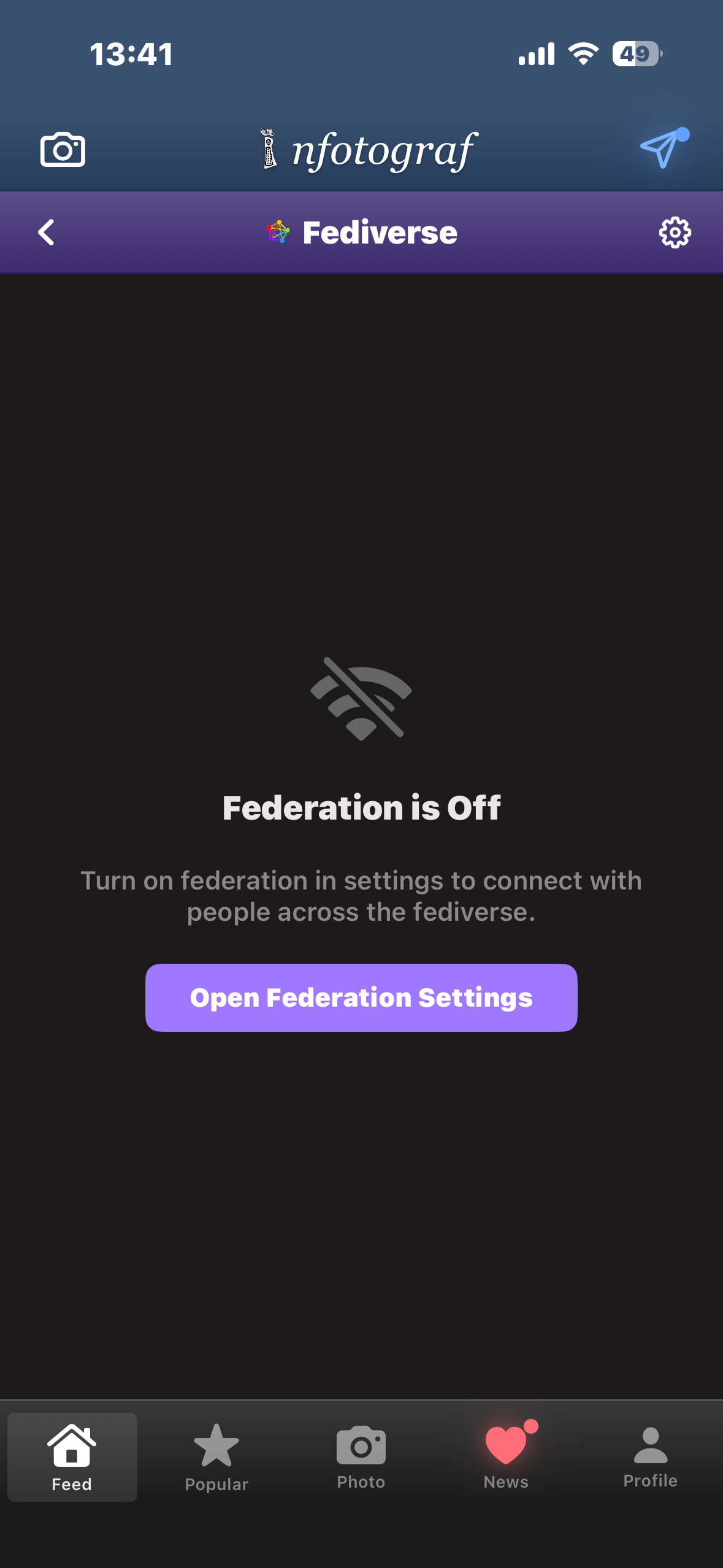 Infotograf Federation is Off screen with toggle to enable