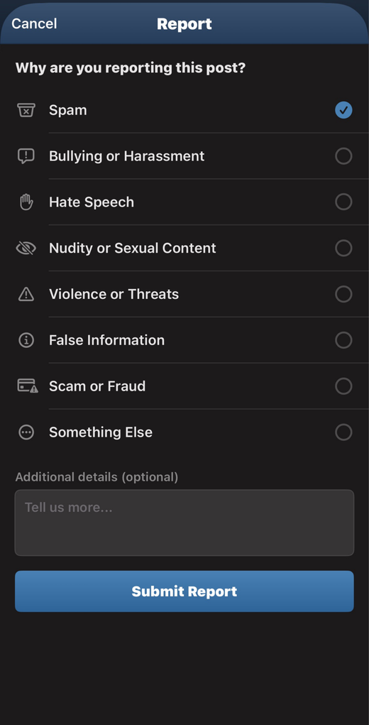 Infotograf content reporting screen